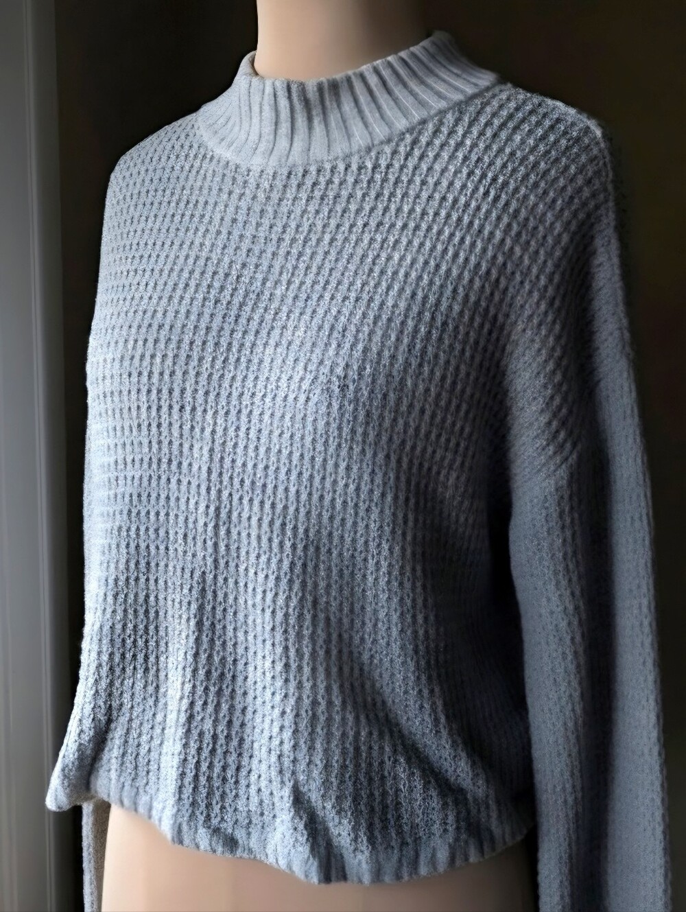 Hollister Gray Waffle Knit Mock Neck Sweater Small Oversized Chunky Cozy